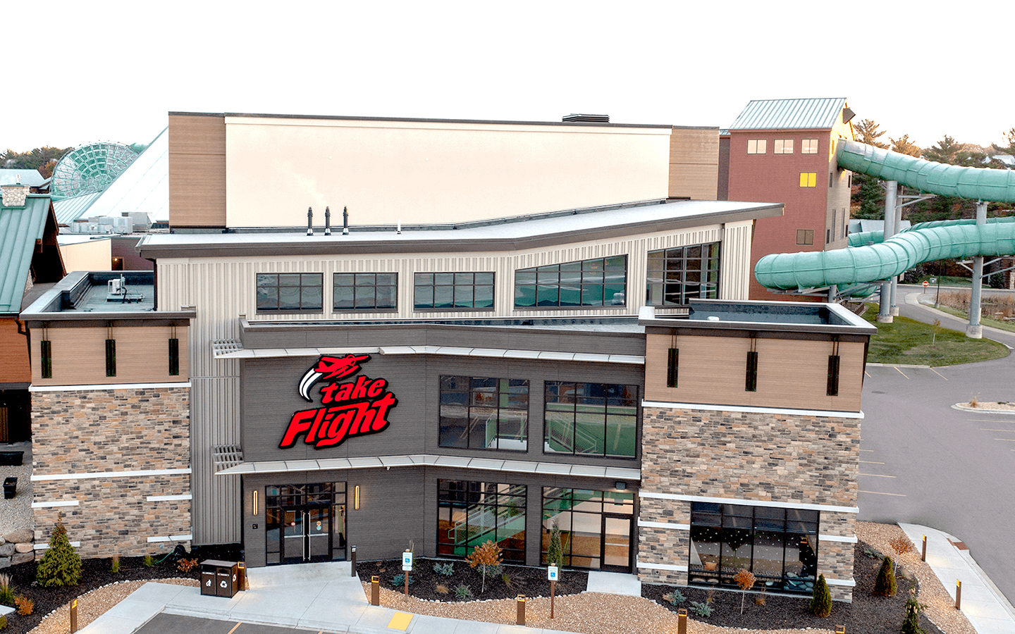 Take Flight entrance at Wilderness Resort in Wisconsin Dells, WI. Overview of the entrance where Beyond the Door will be located on the bottom floor.